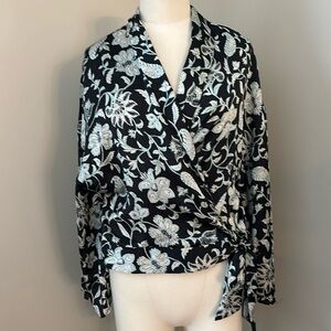 Zara Satin Black and White Floral Print Kimono Style Wrap Blouse Sz S